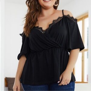 Venus Eyelash Lace Wrap Top Cold Shoulder Spaghetti Sleeve Black XL Chic